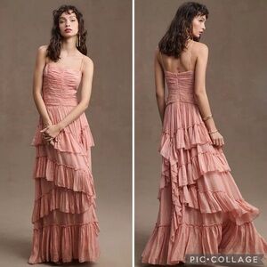 Anthropologie BHLDN Jessa Metallic Tiered Ruffle Gown
